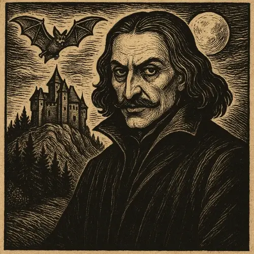 Dracula’yı temsil eden, yarasa ve şatoyla birlikte çizilmiş karanlık tonlu gotik bir illüstrasyon portresi.